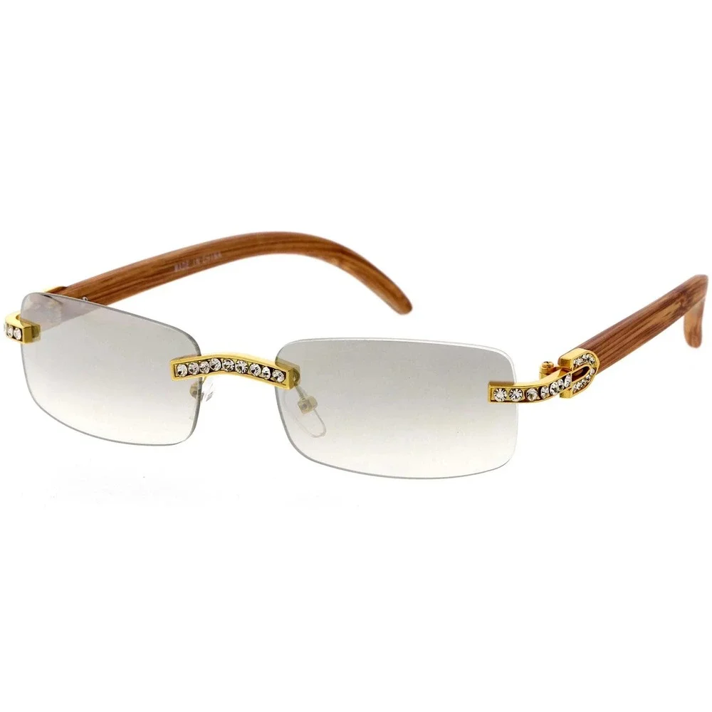Rhinestone Rimless Sunglasses Wood Grain Arms Hip Hop Fashion Men Street Hip Hop